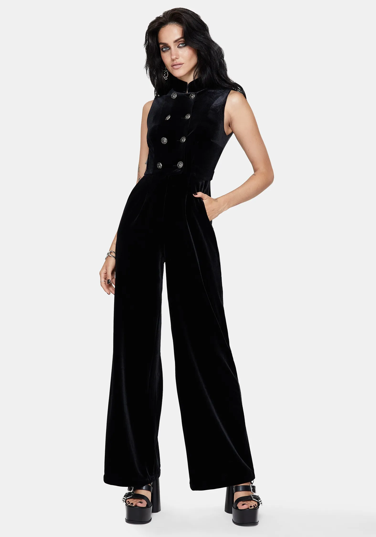 Dusken Velour Button Up High Neck Jumpsuit sold by Disturbia product image thumbnail 5