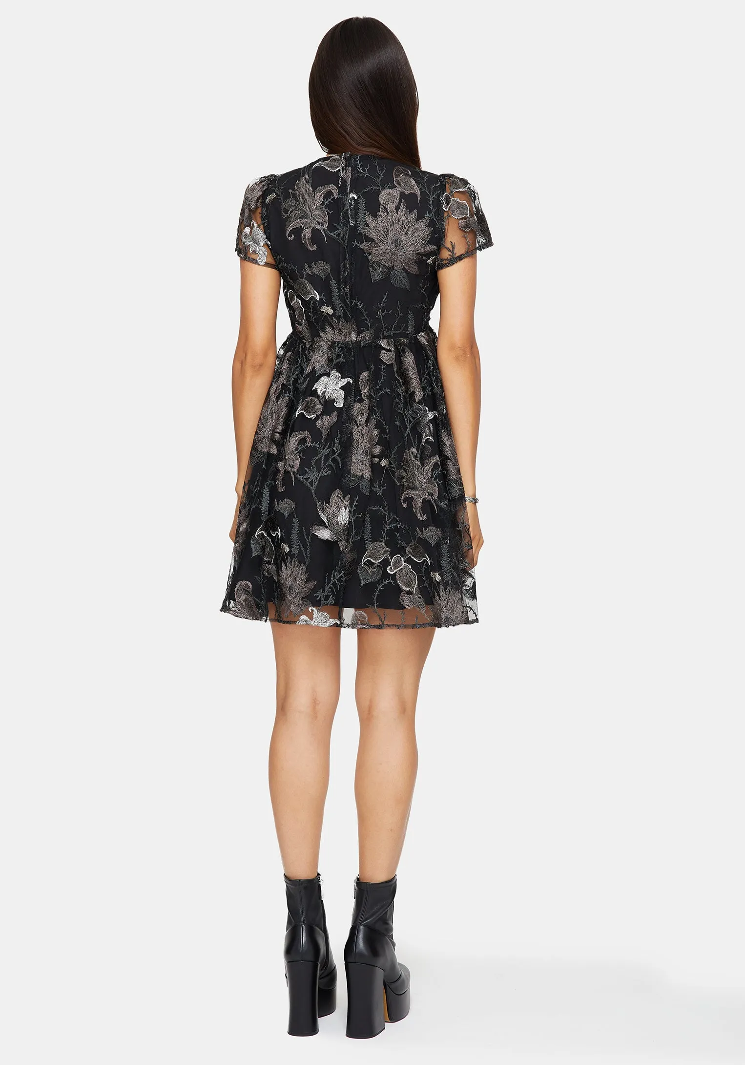 Estrid Embroidered Mesh Flute Sleeve Mini Dress - Silver sold by Disturbia product image thumbnail 3