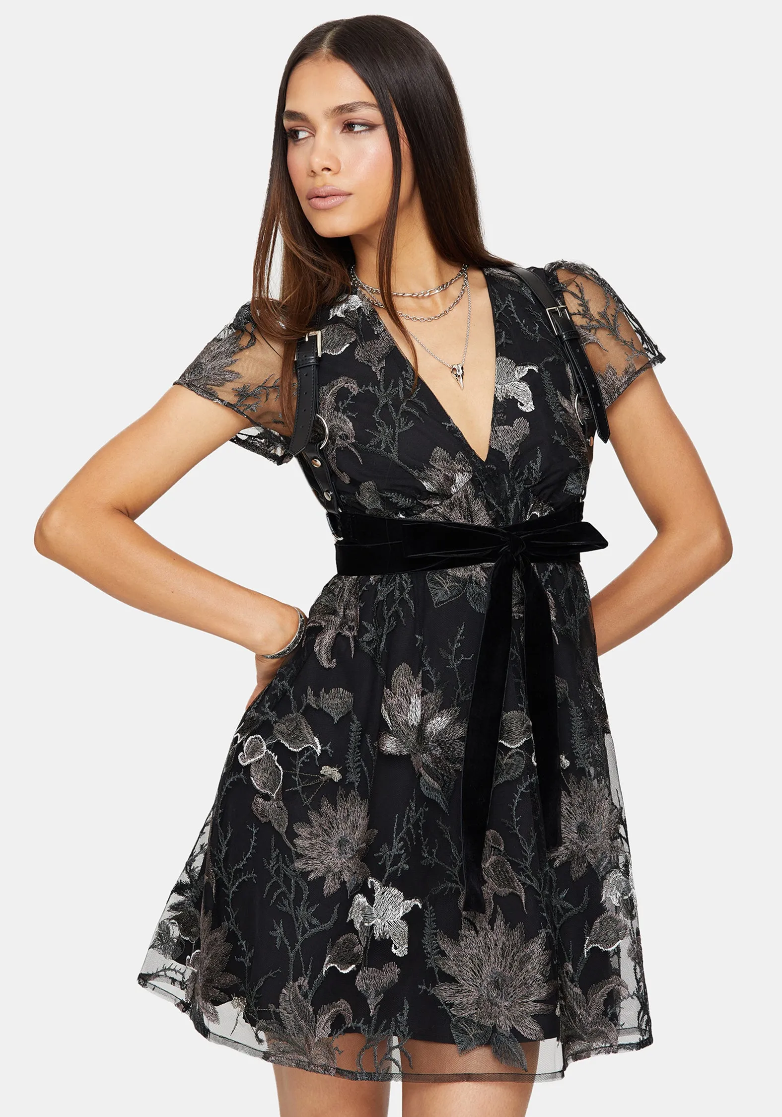 Estrid Embroidered Mesh Flute Sleeve Mini Dress - Silver sold by Disturbia product image thumbnail 4