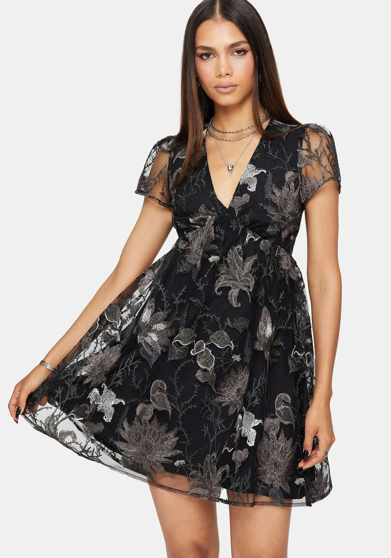 Estrid Embroidered Mesh Flute Sleeve Mini Dress - Silver sold by Disturbia