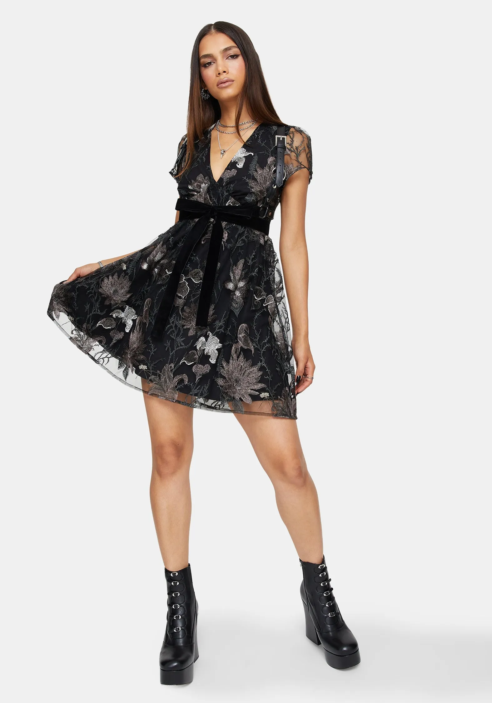 Estrid Embroidered Mesh Flute Sleeve Mini Dress - Silver sold by Disturbia product image thumbnail 5
