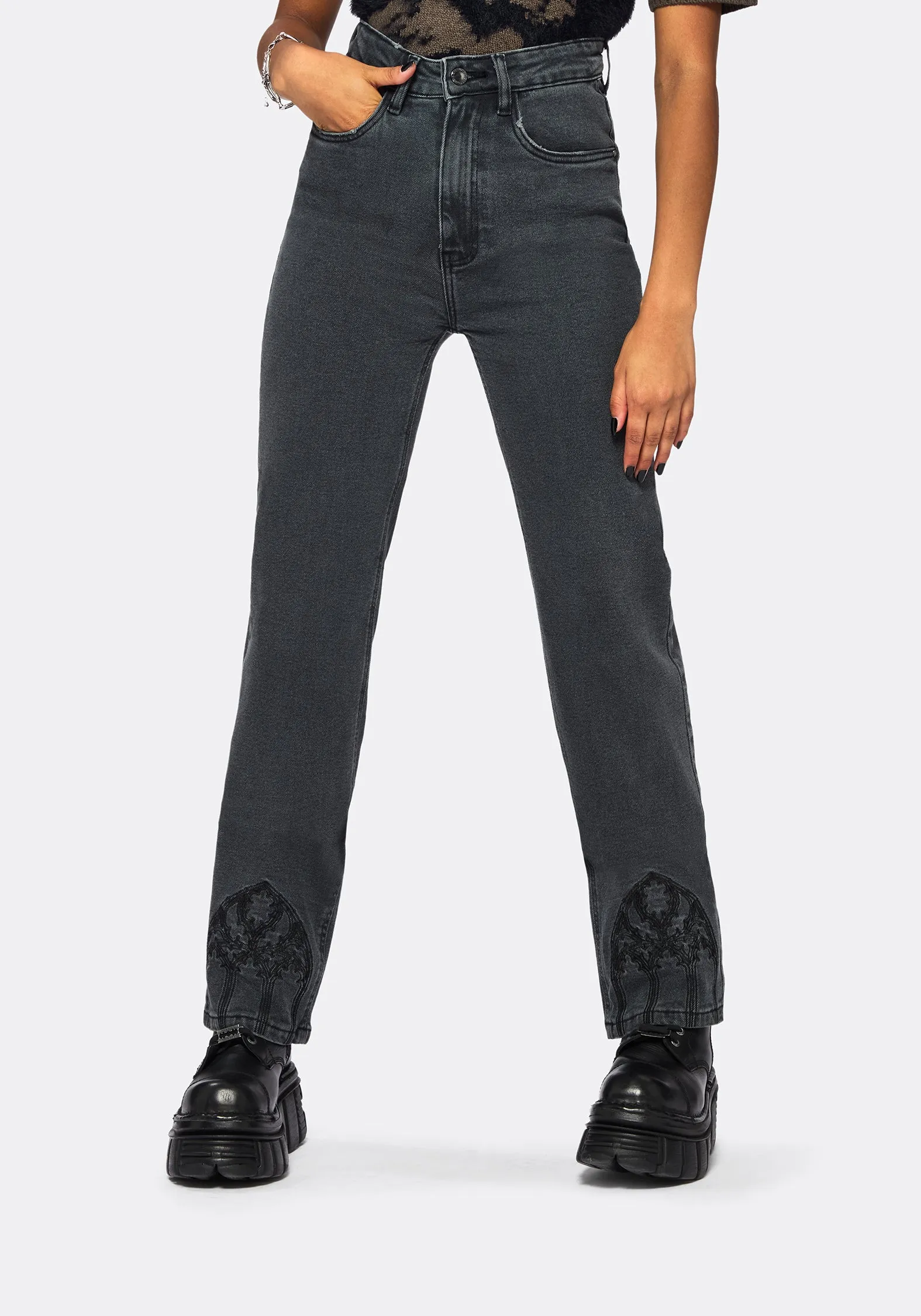 Occult Embroidered Straight Leg Jeans sold by Disturbia