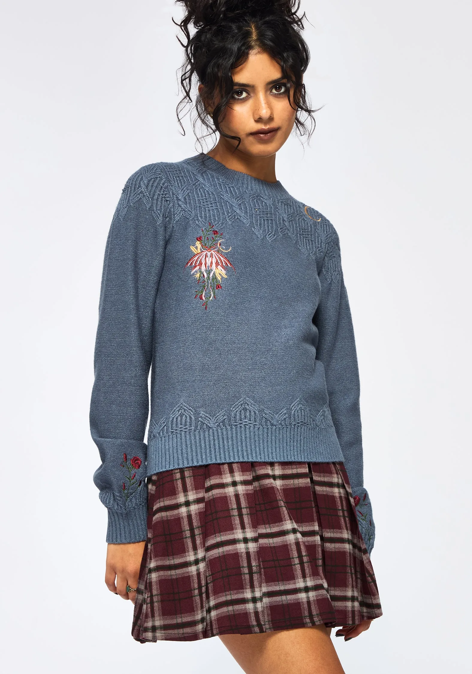 Selenia Moth Embroidered Cable Twist Knit Jumper - Blue sold by Disturbia