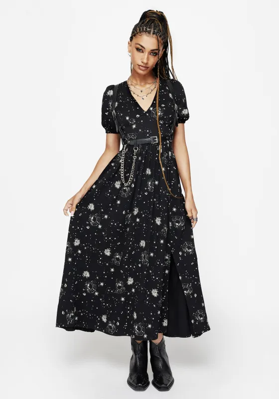 Comet Celestial Printed Puff Sleeve Midaxi Dress sold by Disturbia