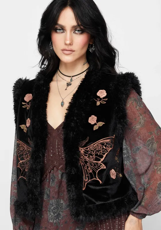 Maeve Faux Fur Embroidered Moth Gilet sold by Disturbia
