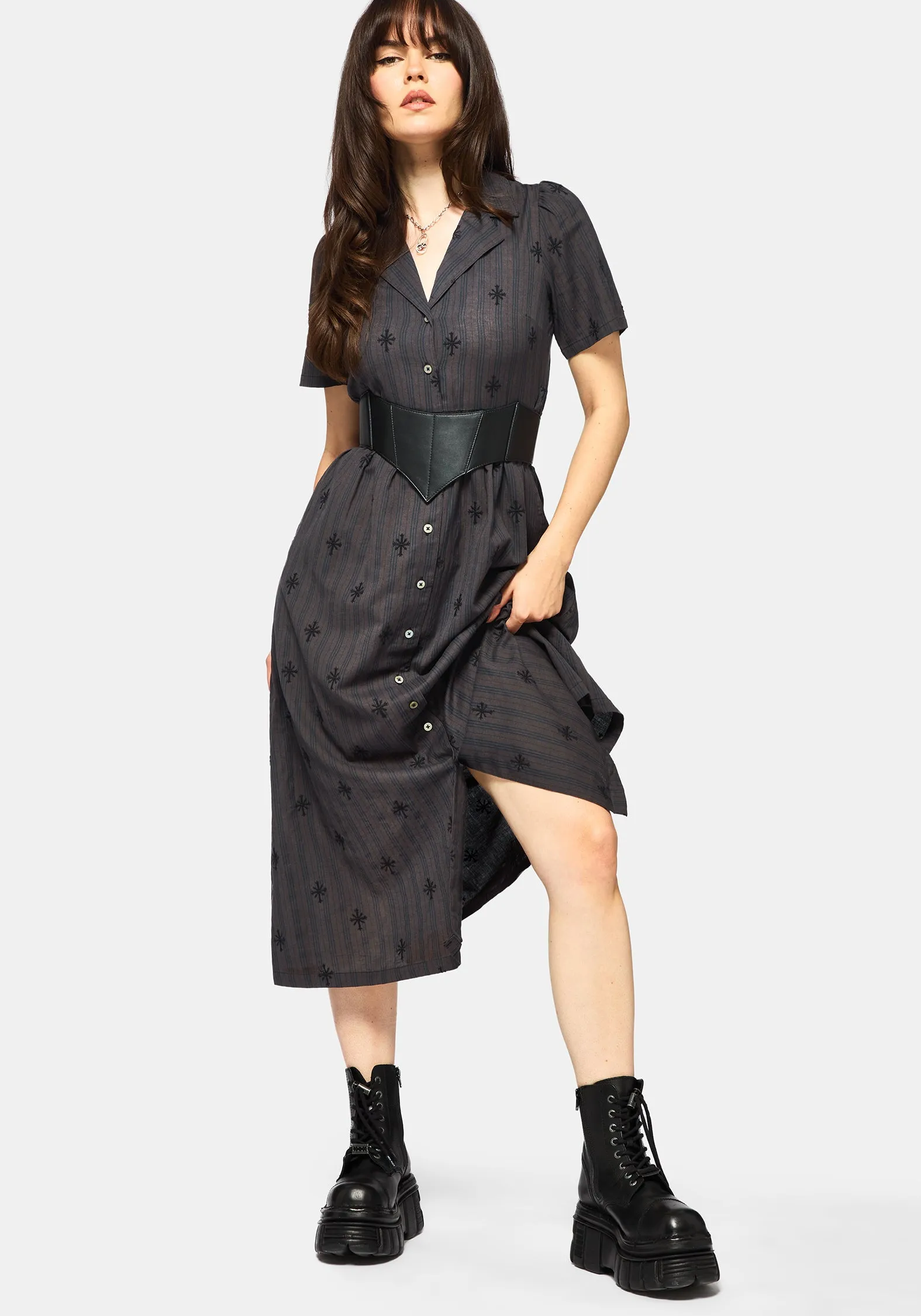 Diana Cotton Blend Stripe Cross Embroidered Midaxi Shirt Dress sold by Disturbia product image thumbnail 5