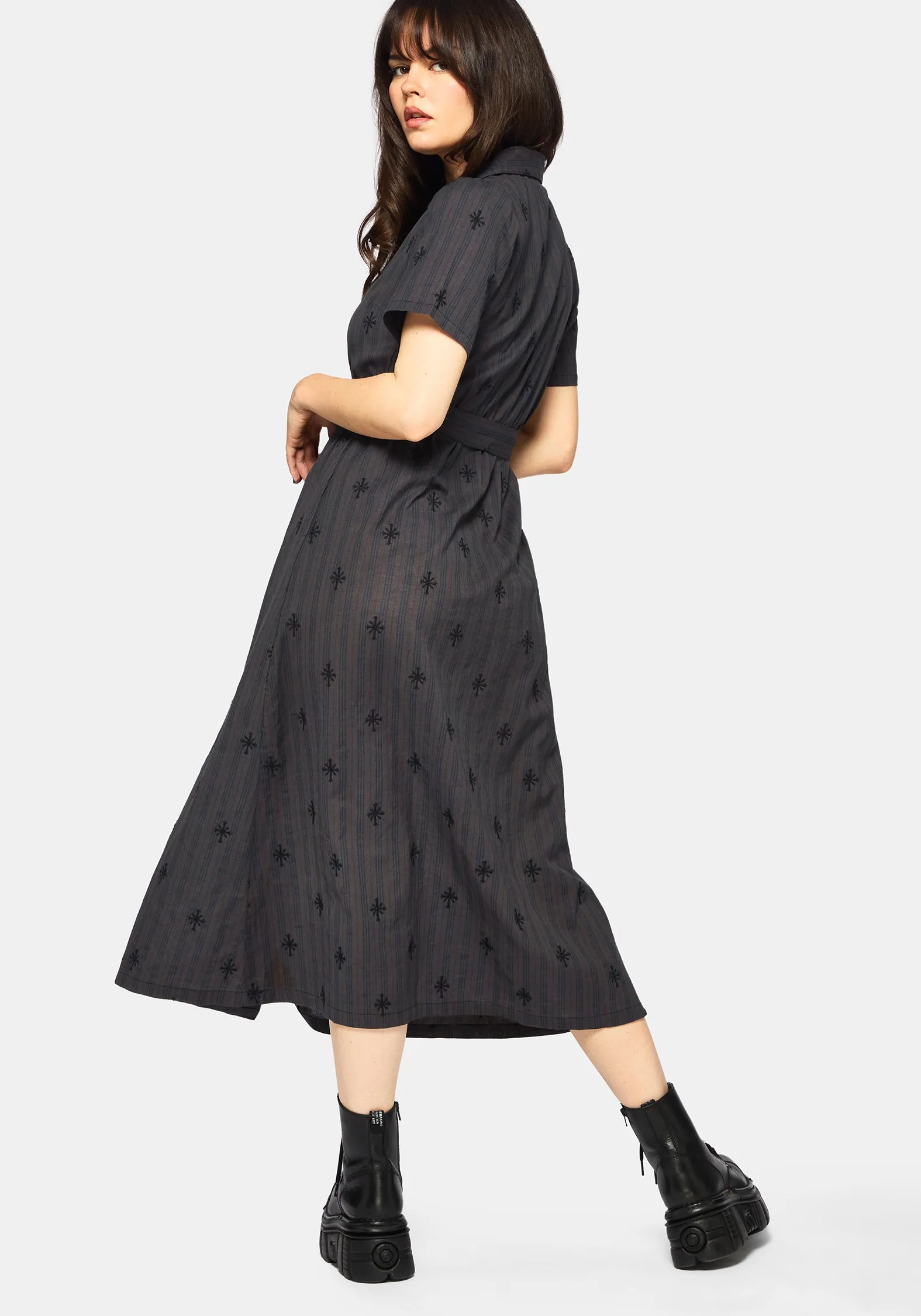 Diana Cotton Blend Stripe Cross Embroidered Midaxi Shirt Dress sold by Disturbia product image thumbnail 3