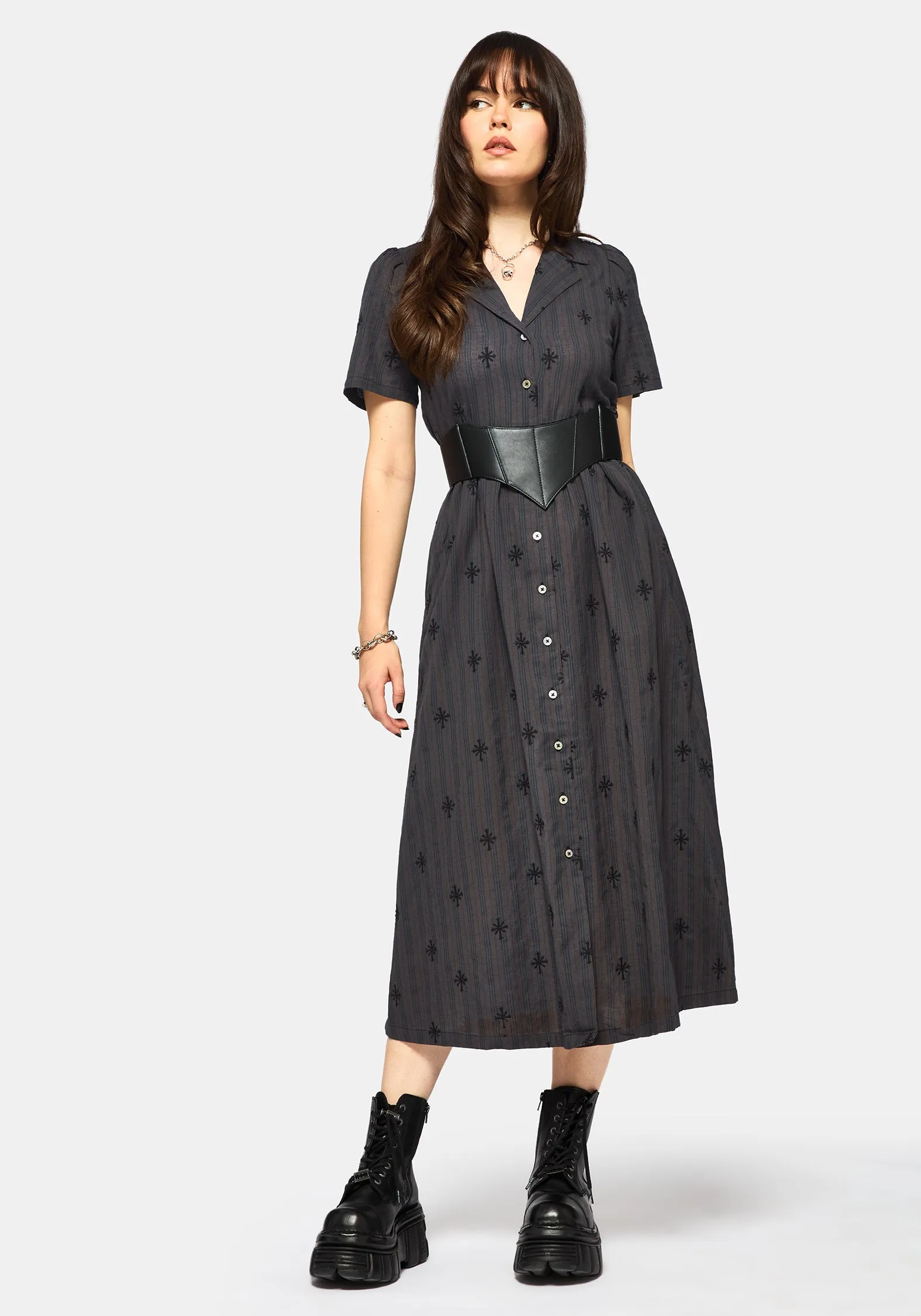 Diana Cotton Blend Stripe Cross Embroidered Midaxi Shirt Dress sold by Disturbia product image thumbnail 4