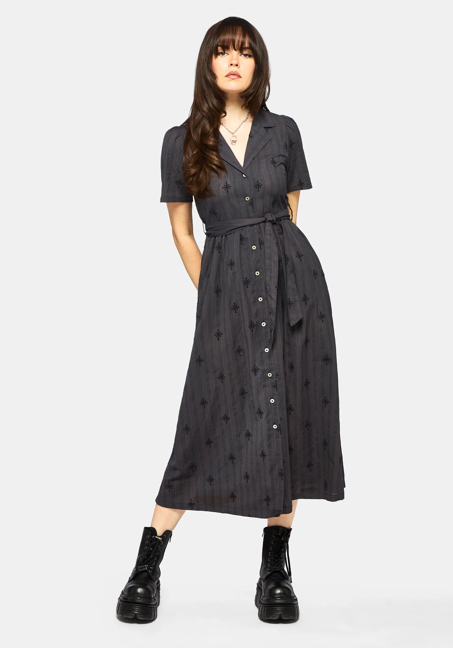 Diana Cotton Blend Stripe Cross Embroidered Midaxi Shirt Dress sold by Disturbia