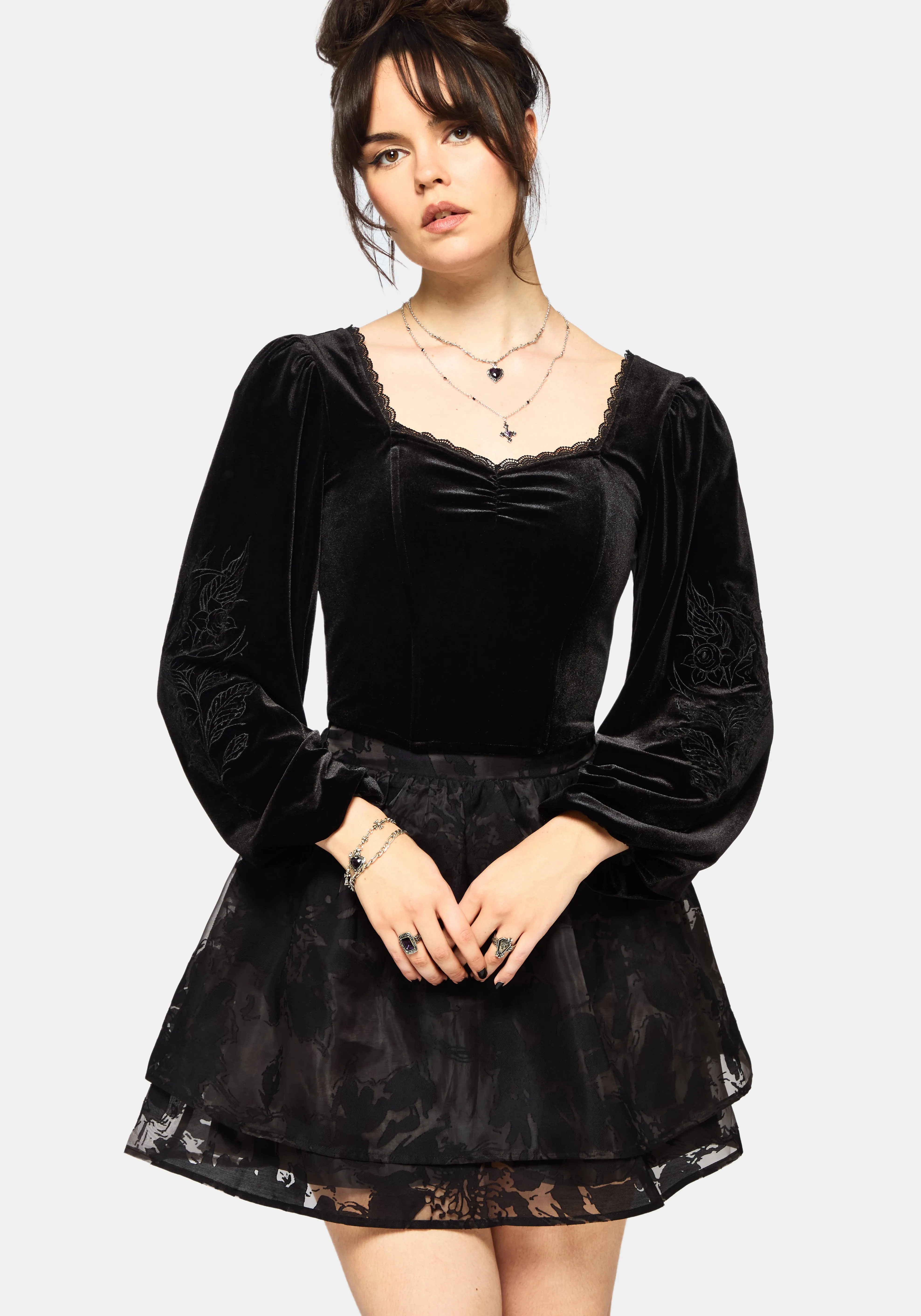 Nelle Velour Embroidered Puff Sleeve Corset Top sold by Disturbia