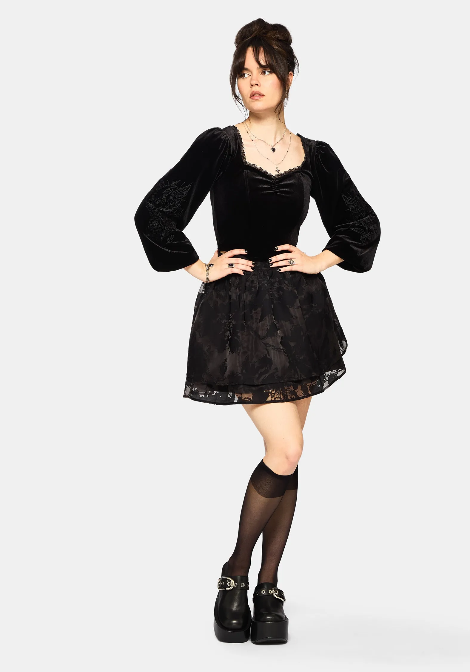 Nelle Velour Embroidered Puff Sleeve Corset Top sold by Disturbia product image thumbnail 5