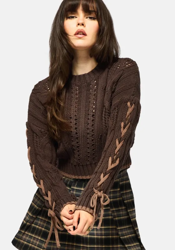Sycamore Cotton Lace Up Sleeve Cable Knit Crop Jumper - Brown sold by Disturbia