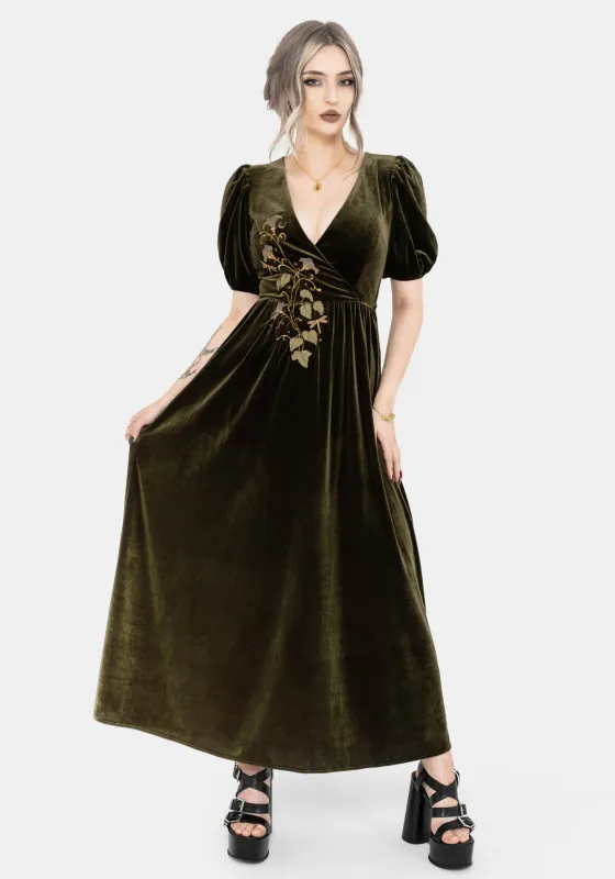 Noura Floral Dragonfly Embroidered Puffball Sleeve Velour Midaxi Dress sold by Disturbia