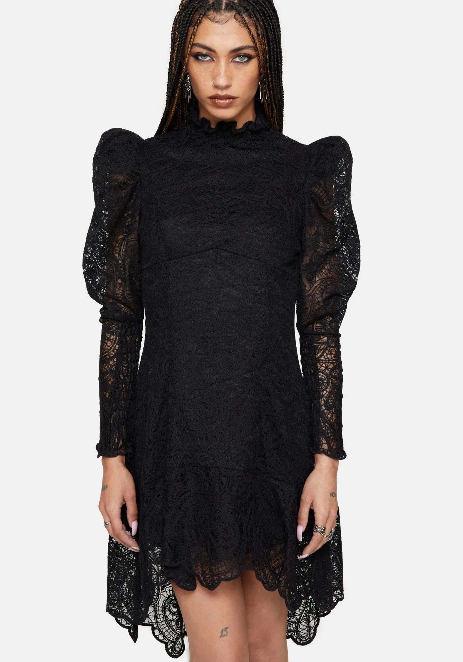 Lyra High Neck Lace Mini Dress sold by Disturbia