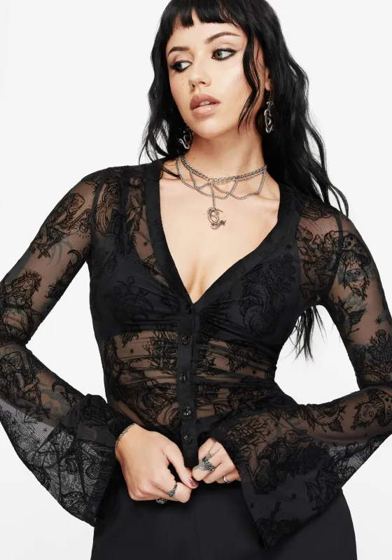 Hexborn Baba Yaga Flocked Button Down Mesh Top sold by Disturbia