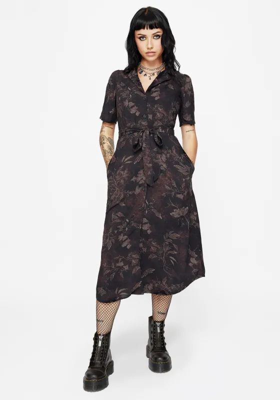 Ashmire Woodland Moth Print Midi Belted Shirt Dress sold by Disturbia