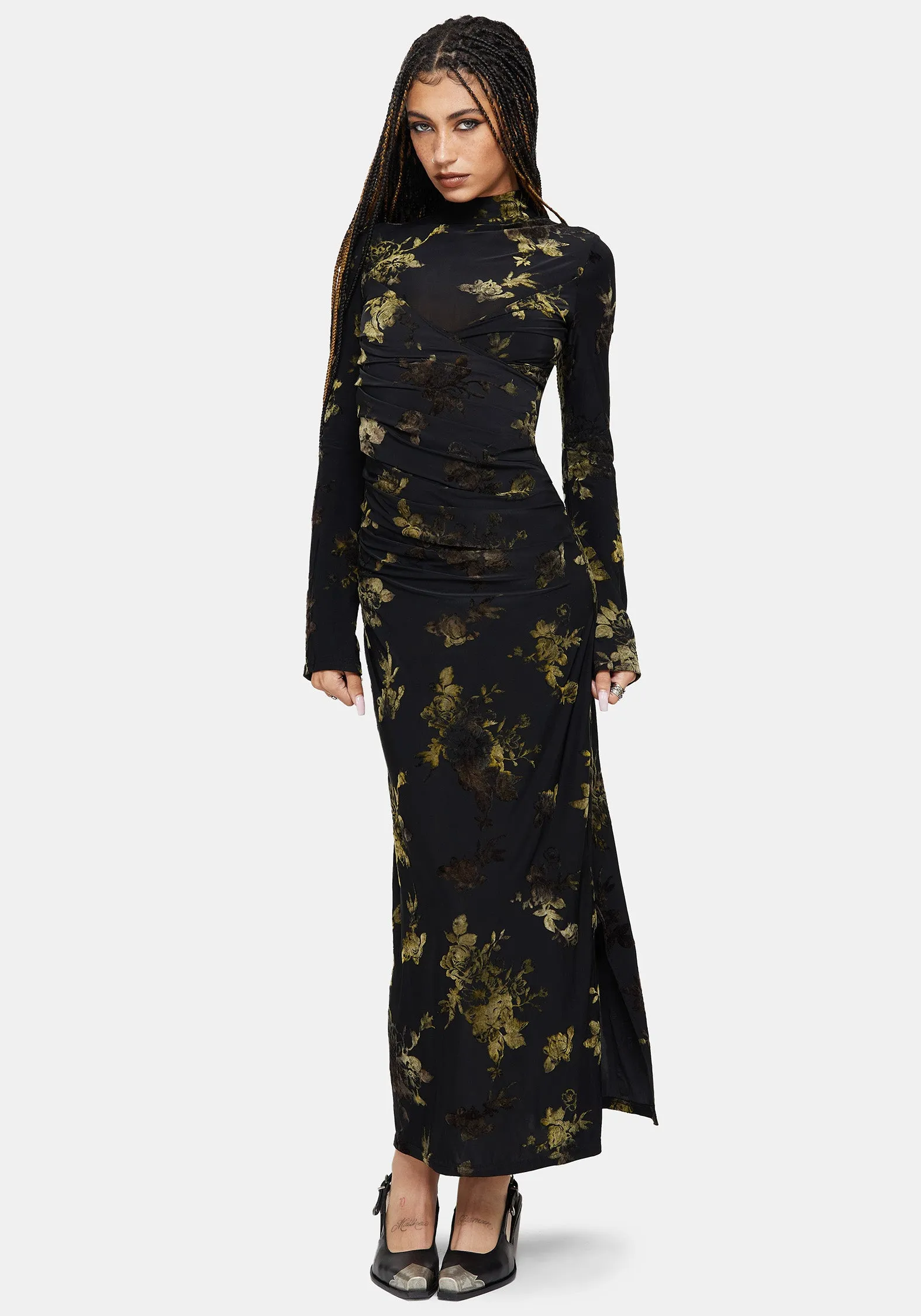 Velda Floral Flocked Mesh Maxi Dress sold by Disturbia