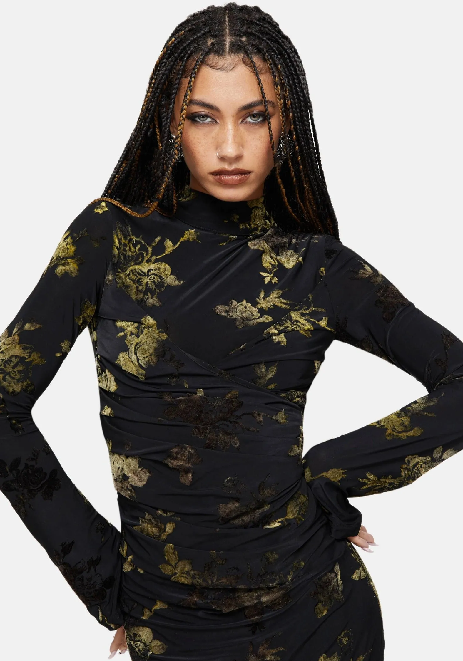 Velda Floral Flocked Mesh Maxi Dress sold by Disturbia product image thumbnail 5