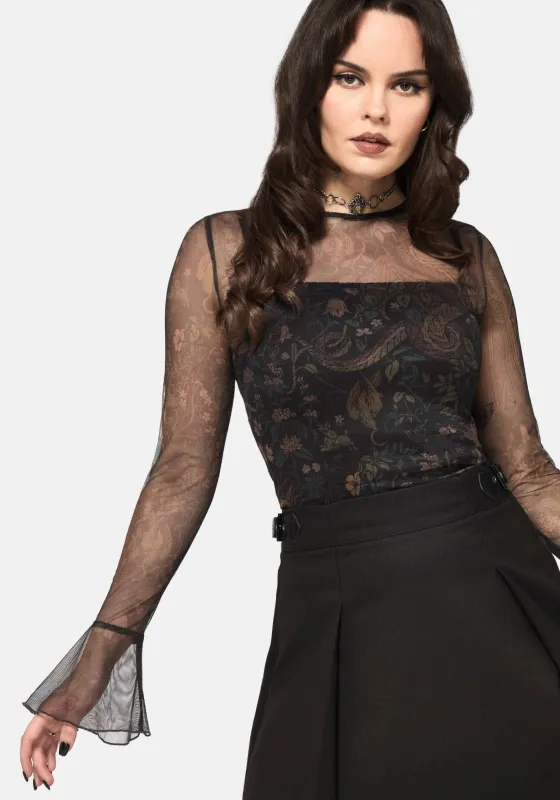 Haunt Fluted Long Sleeved Mesh Print Top sold by Disturbia