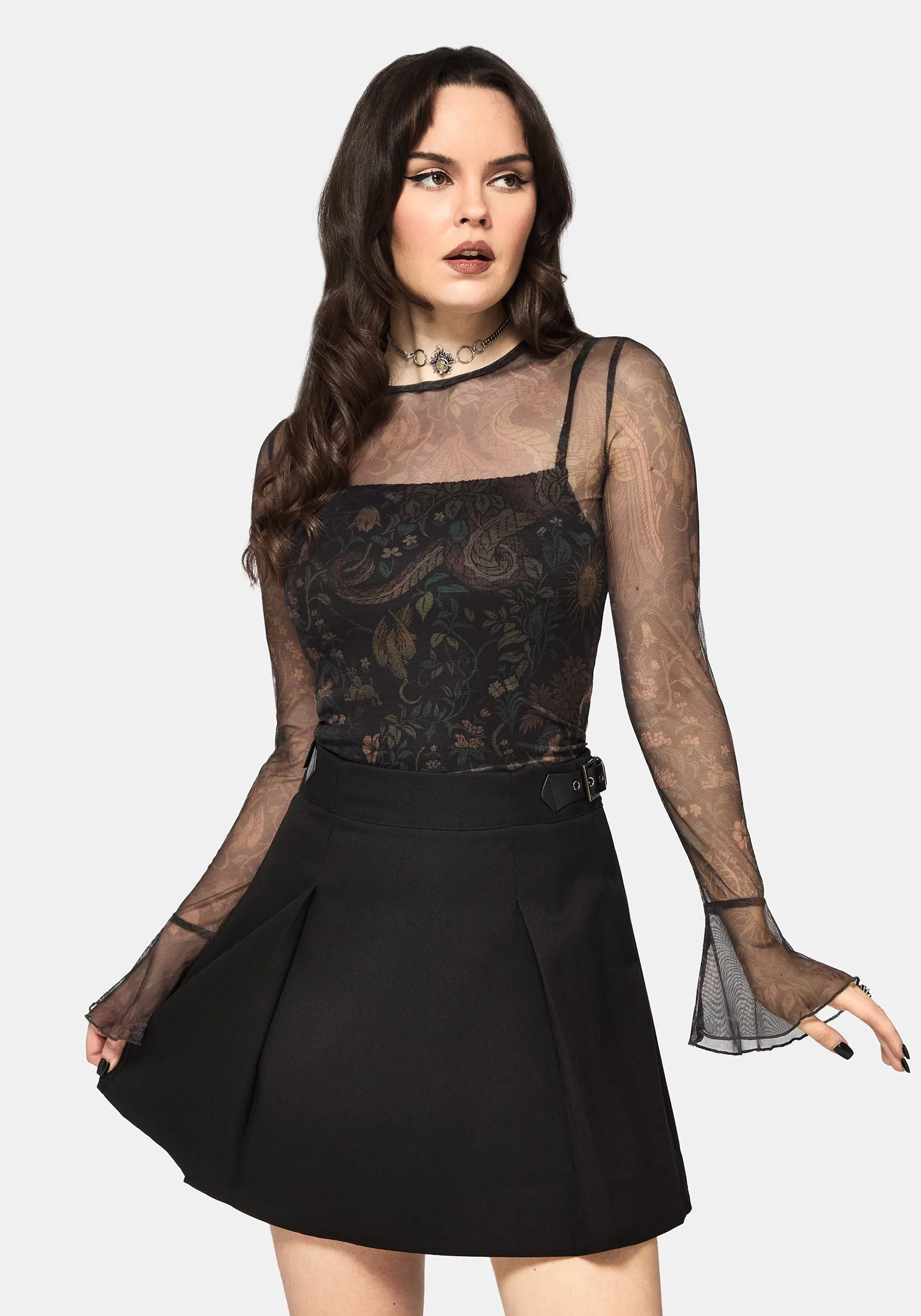 Haunt Fluted Long Sleeved Mesh Print Top sold by Disturbia product image thumbnail 5