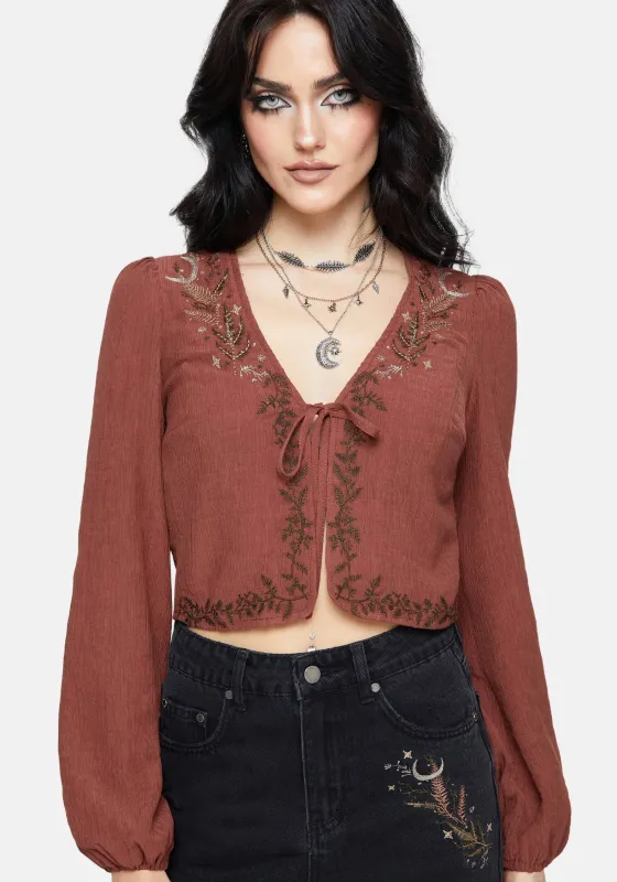 Abellona Embroidered Rust Tie Front Blouse sold by Disturbia