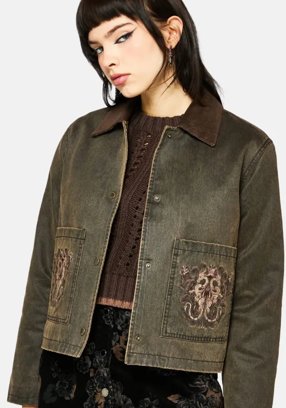 Vilethorn Waxed Cotton Dragon Embroidered Pocket Jacket sold by Disturbia