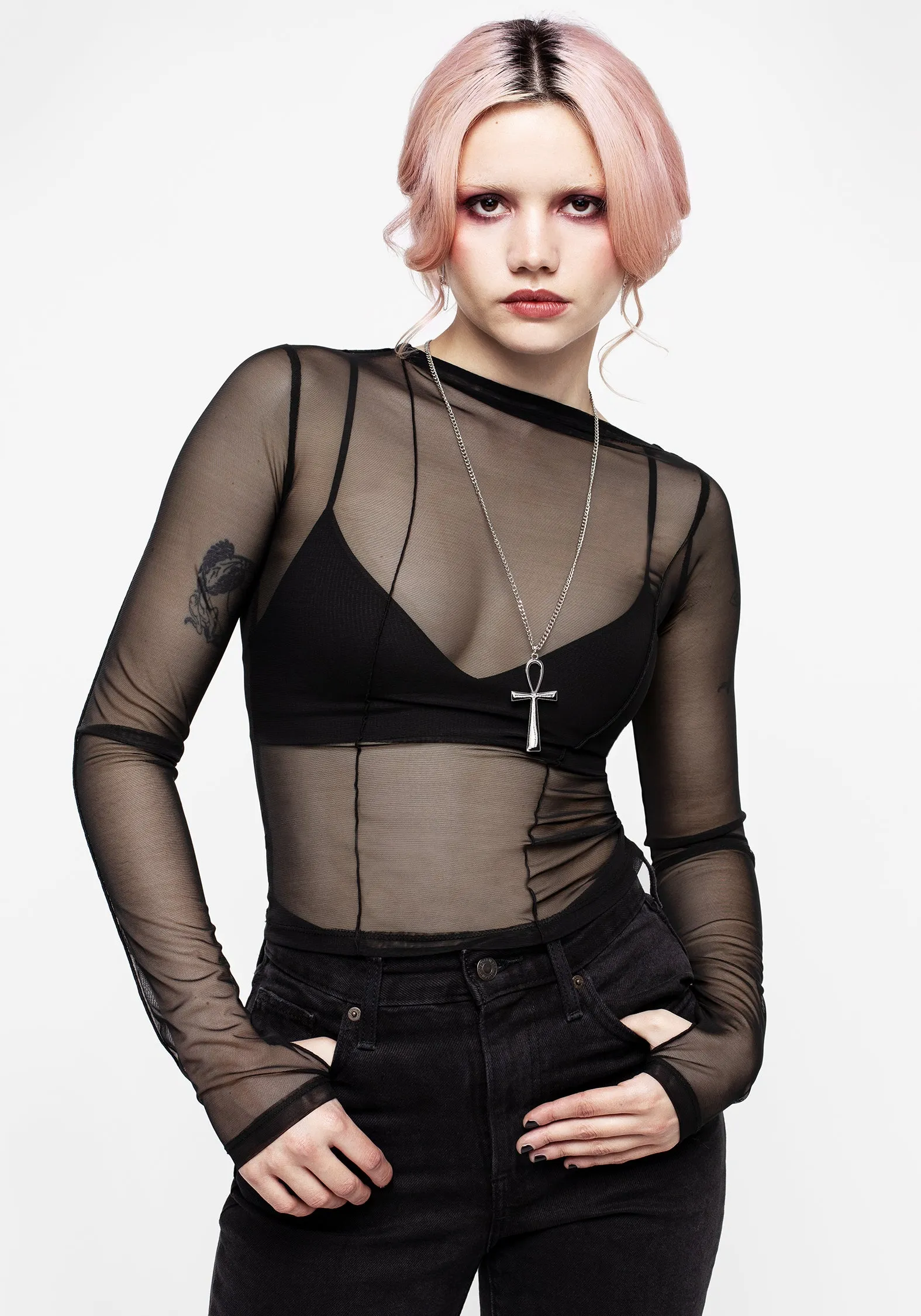 Dissident Asymmetric Seam Mesh Top sold by Disturbia