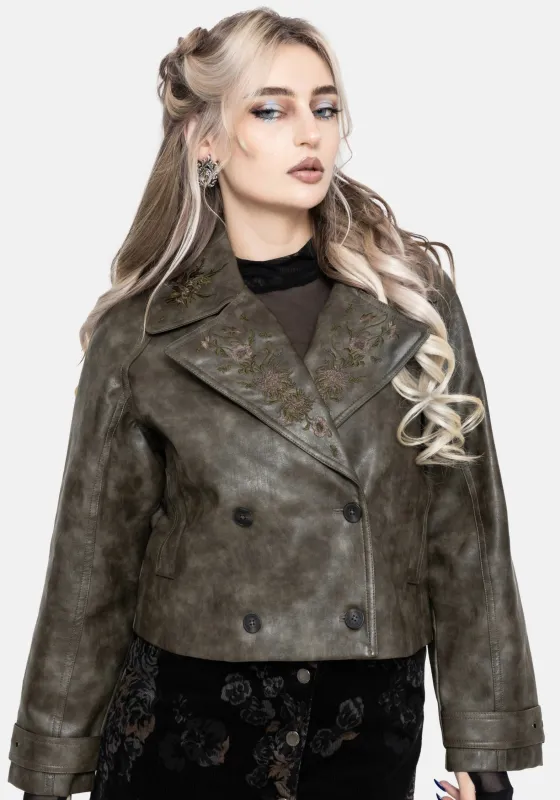 Fleux Embroidered Cropped Faux Leather Trench Jacket made by Disturbia