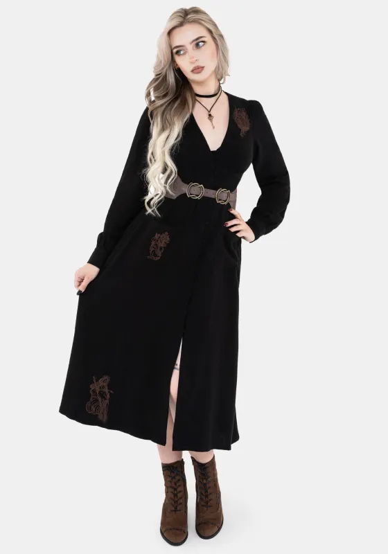 Hexborn Linen-Blend Baba Yaga Embroidered Midi Dress sold by Disturbia