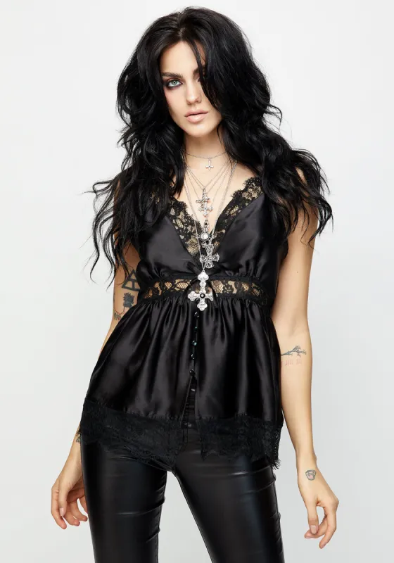 Conjure Satin Lace Trim Button Up Cami Top sold by Disturbia