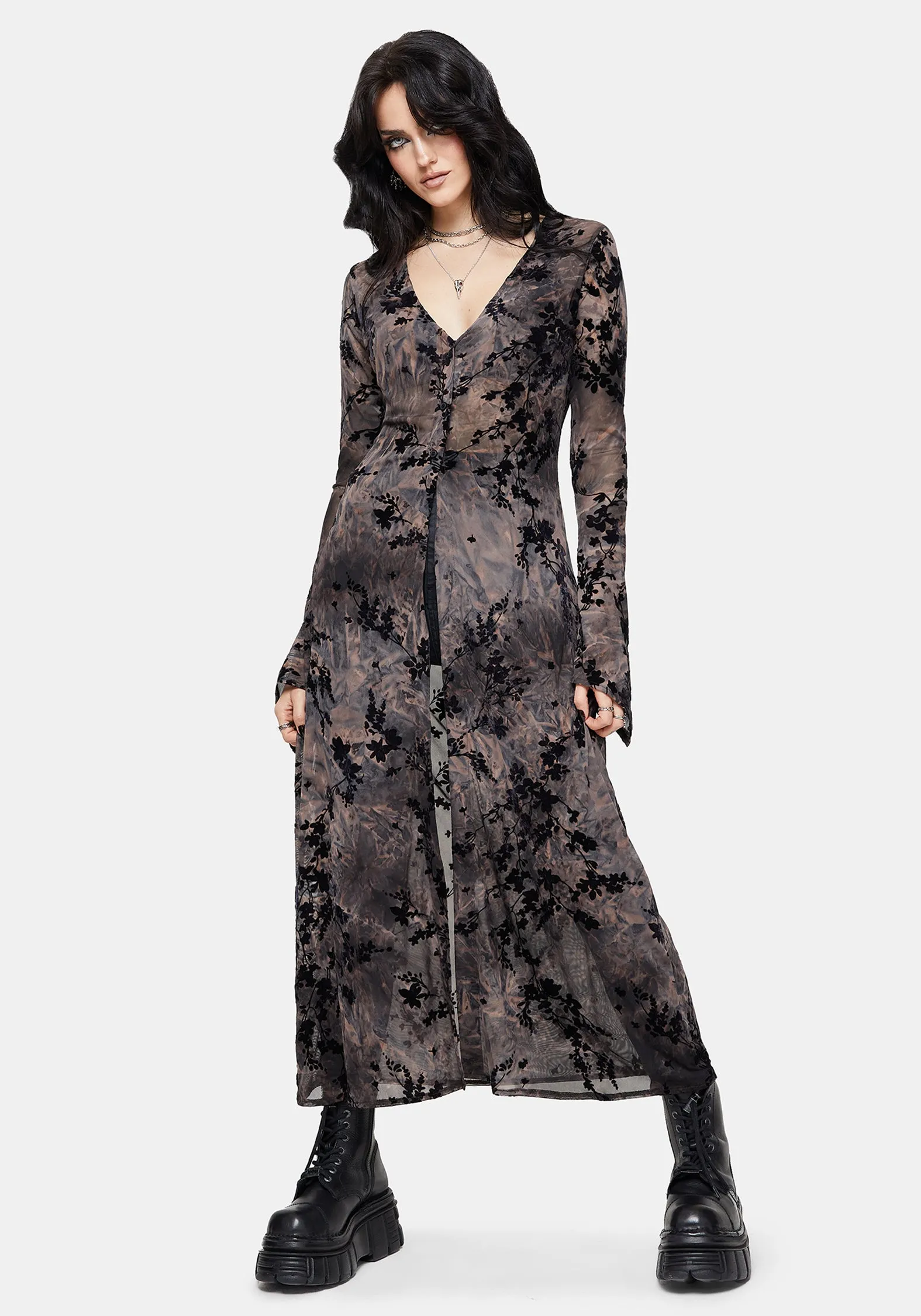 Monroe Flocked Mesh Long Sleeve Midaxi Overdress sold by Disturbia