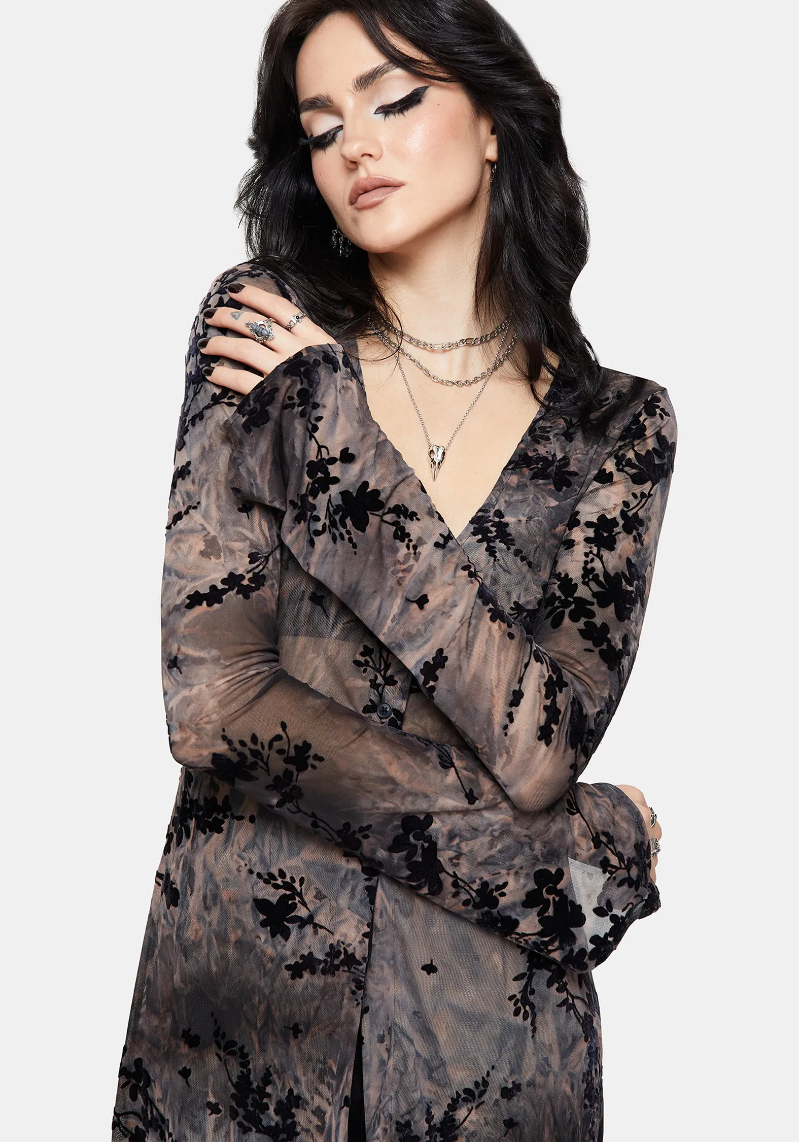 Monroe Flocked Mesh Long Sleeve Midaxi Overdress sold by Disturbia product image thumbnail 5