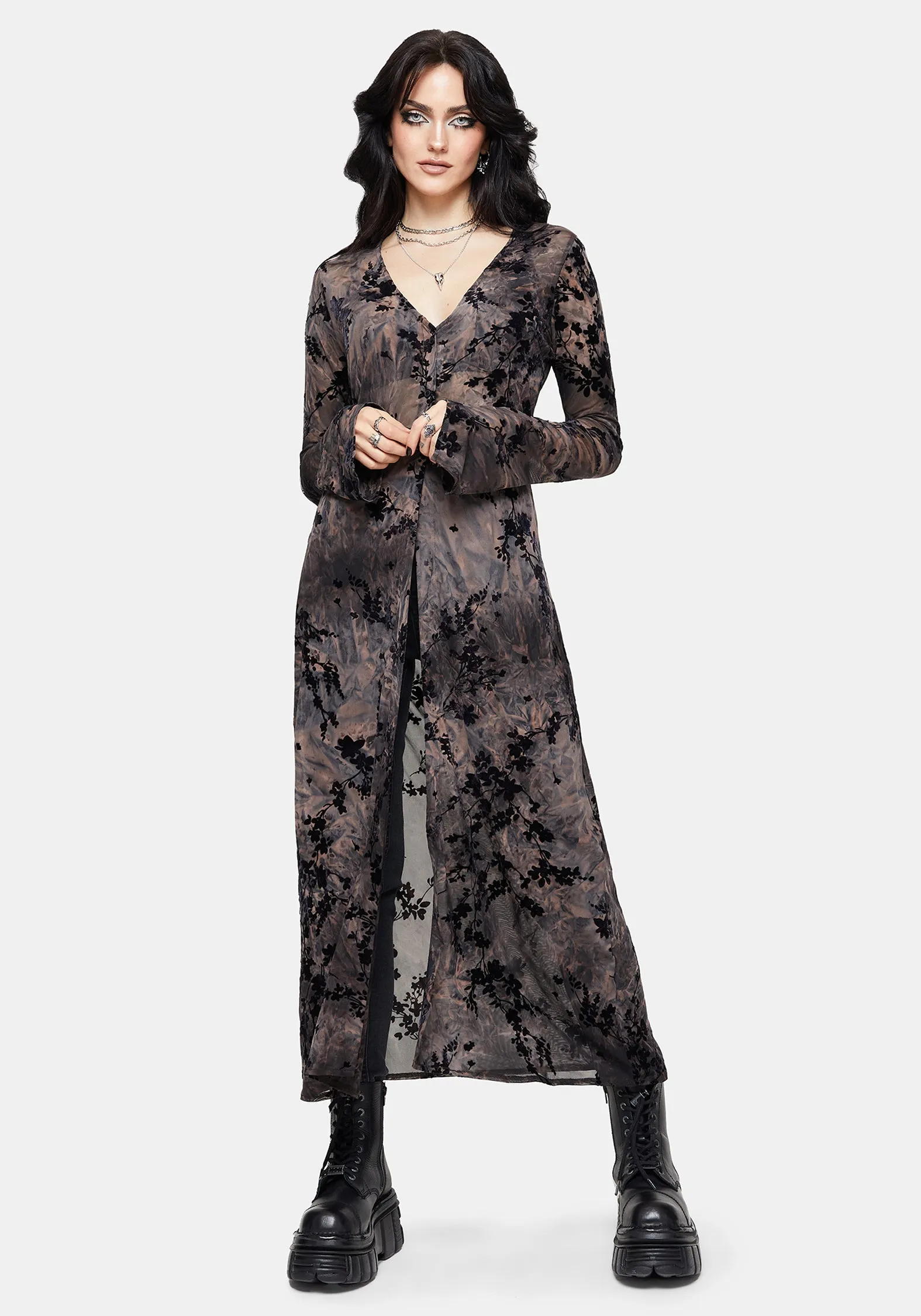 Monroe Flocked Mesh Long Sleeve Midaxi Overdress sold by Disturbia product image thumbnail 4