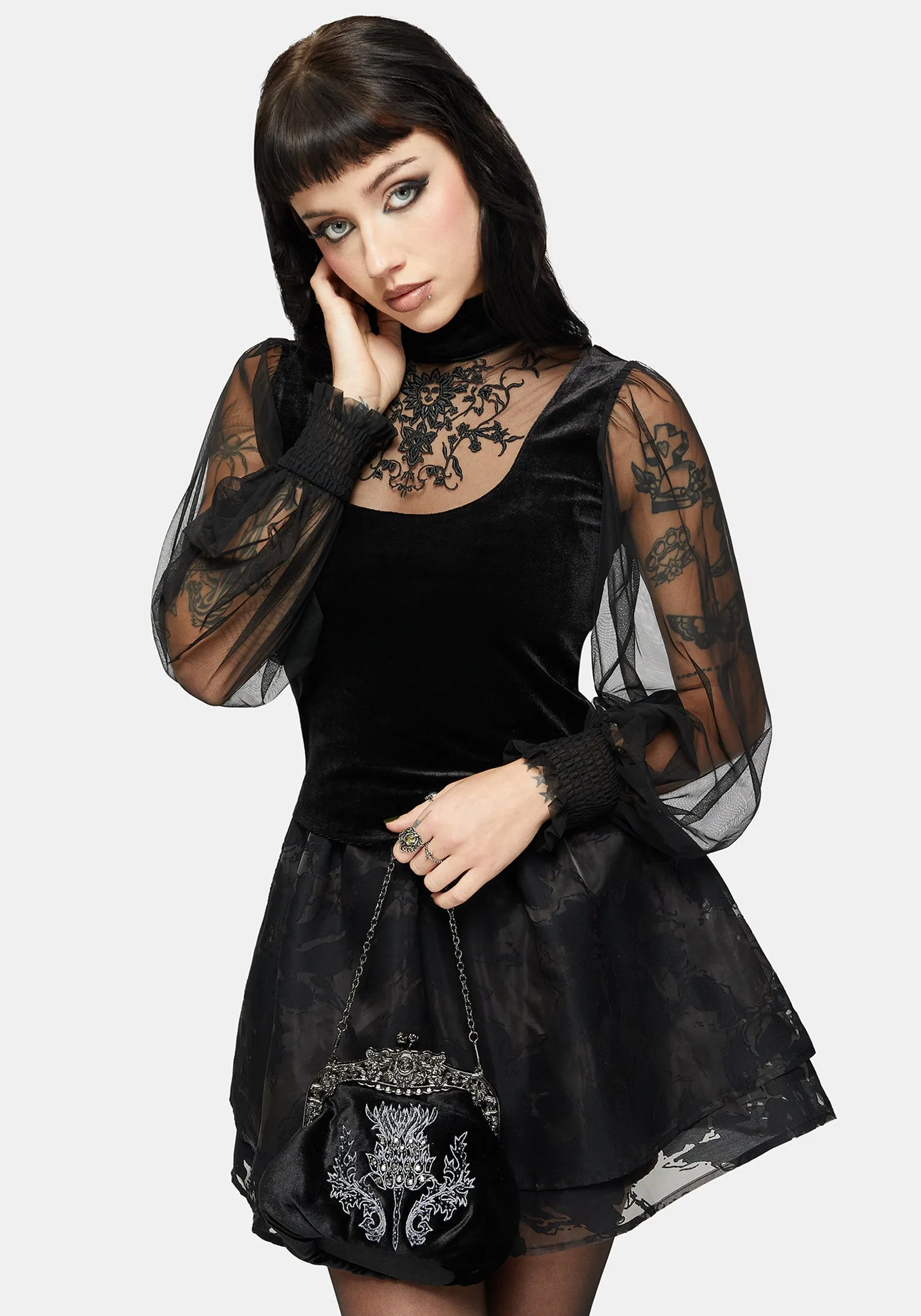 Trixie Velvet Embroidered Long Sleeve Funnel Top sold by Disturbia product image thumbnail 4