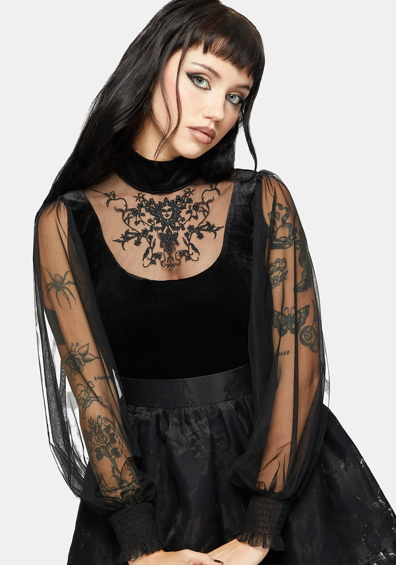 Trixie Velvet Embroidered Long Sleeve Funnel Top sold by Disturbia