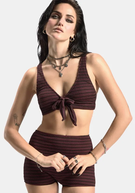 Mire Stripe Tie Detail Bikini Top - Burgundy made by Disturbia