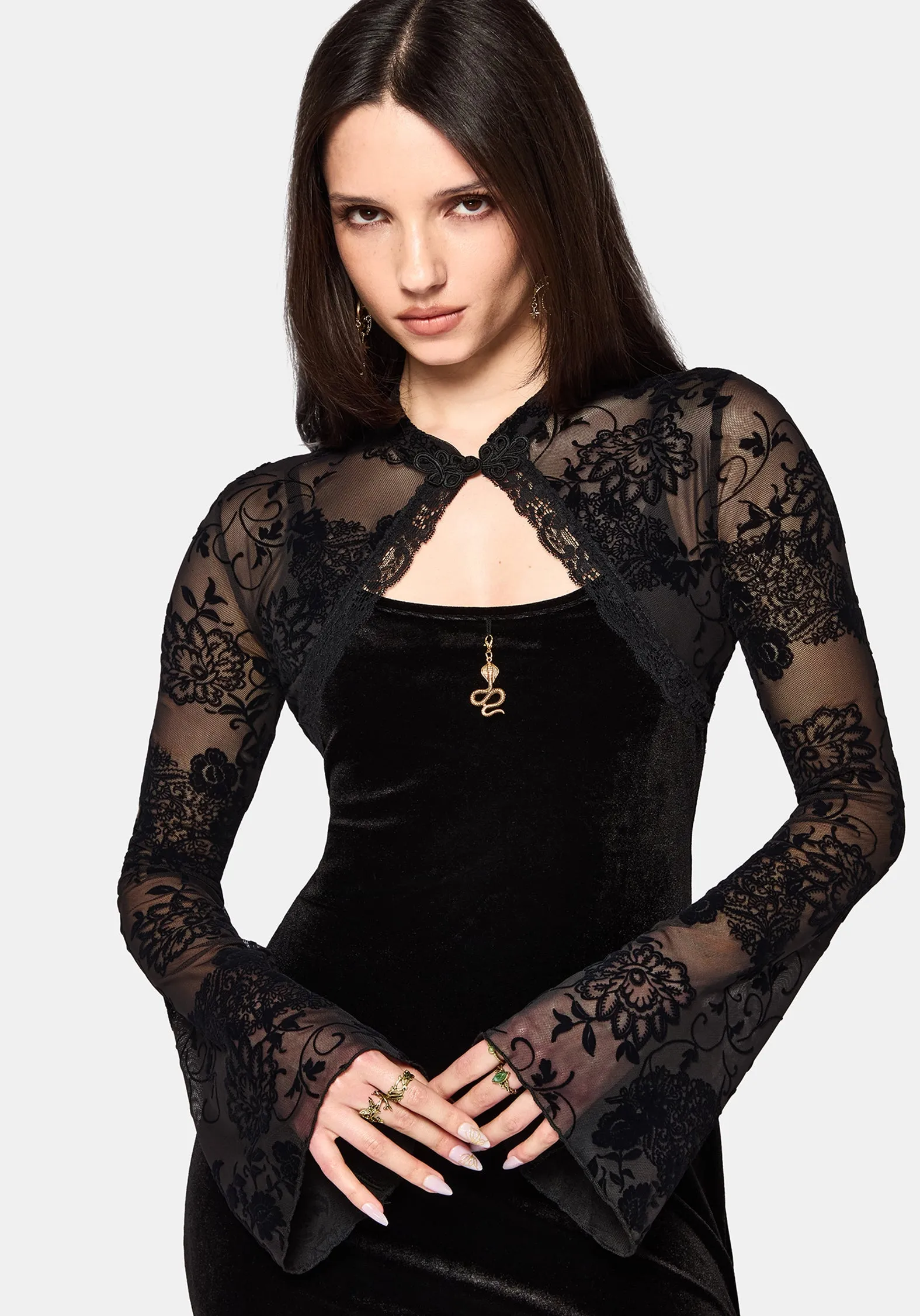 Void Bloom Flocked Mesh Shrug Top sold by Disturbia