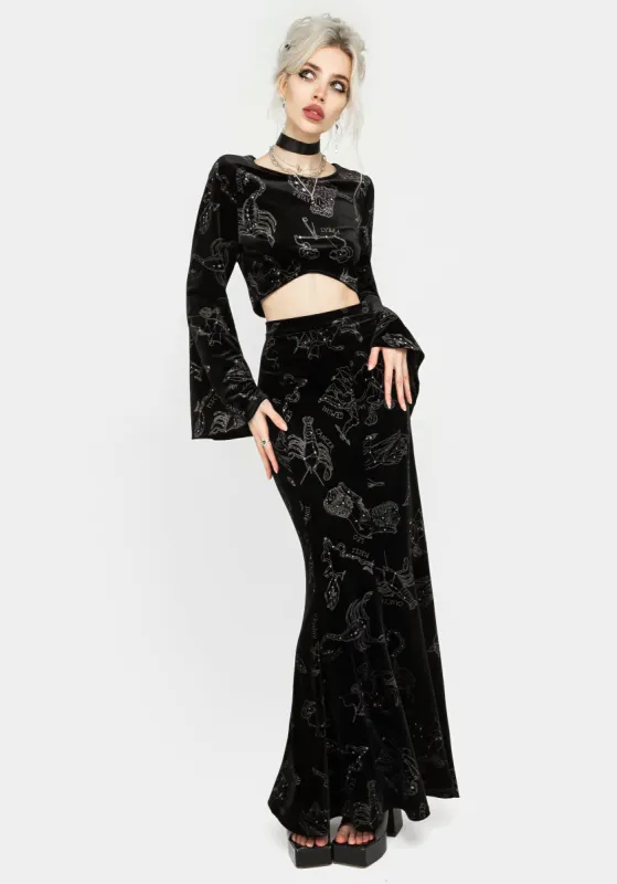 Zodiac Foil Print Velour Mermaid Maxi Skirt sold by Disturbia