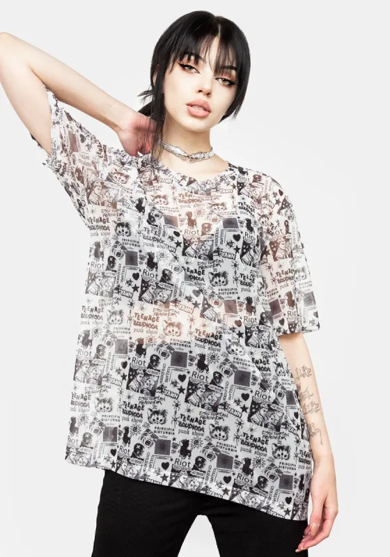 Riot Oversized Print Mesh Tee sold by Disturbia