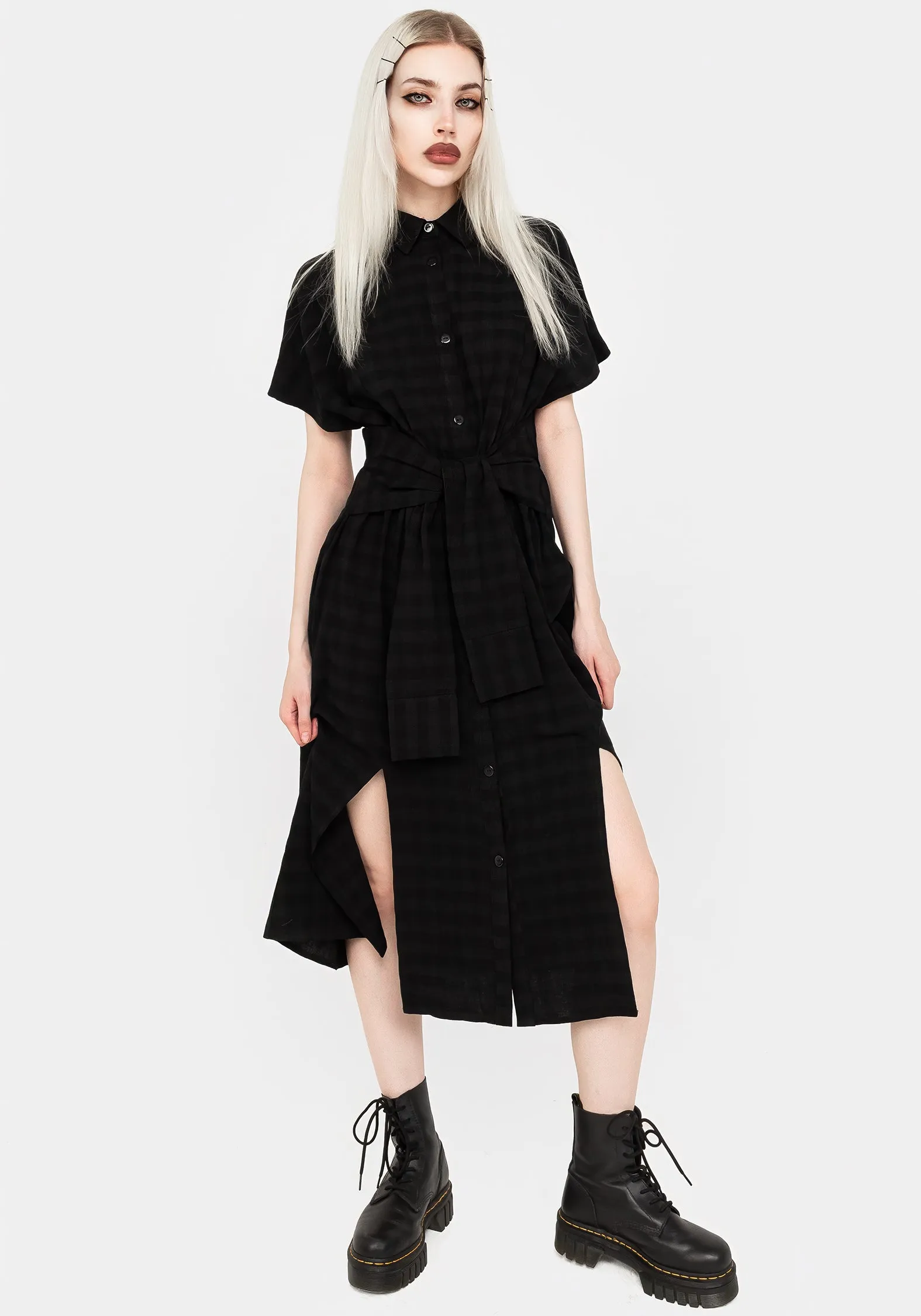 Hattie Shirt Sleeve Tie Waist Shirt Dress sold by Disturbia product image thumbnail 4