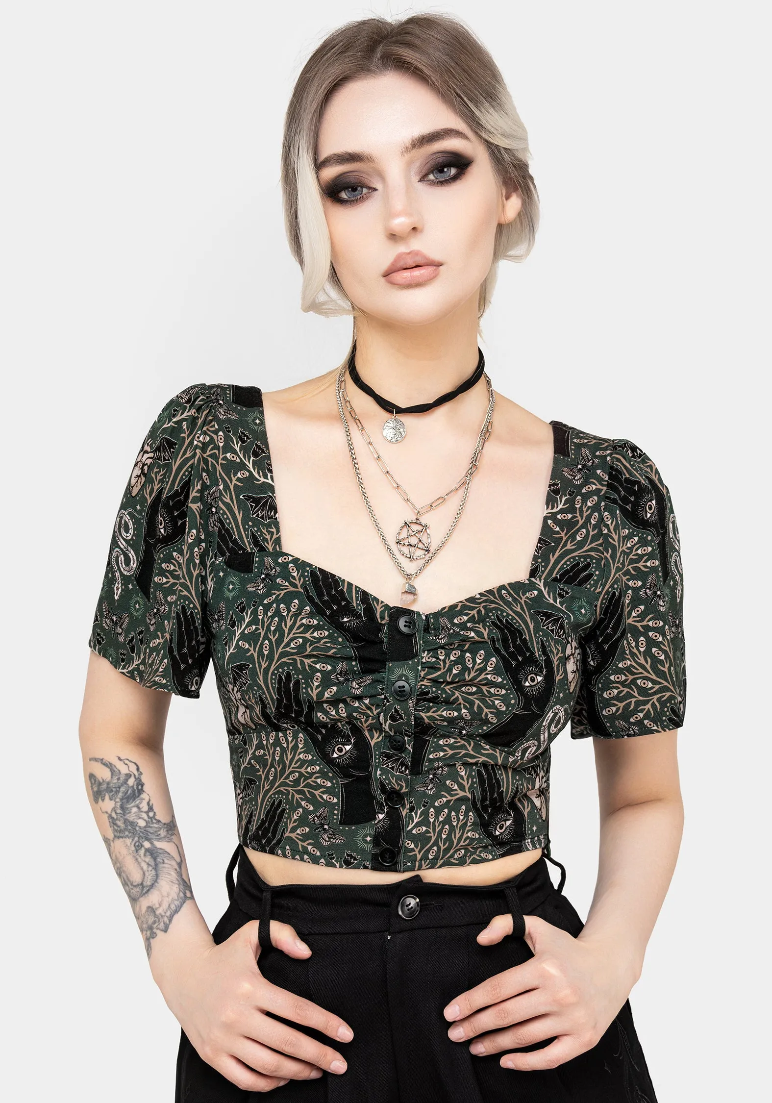 Hemlock Button Up Crop Top - Green sold by Disturbia