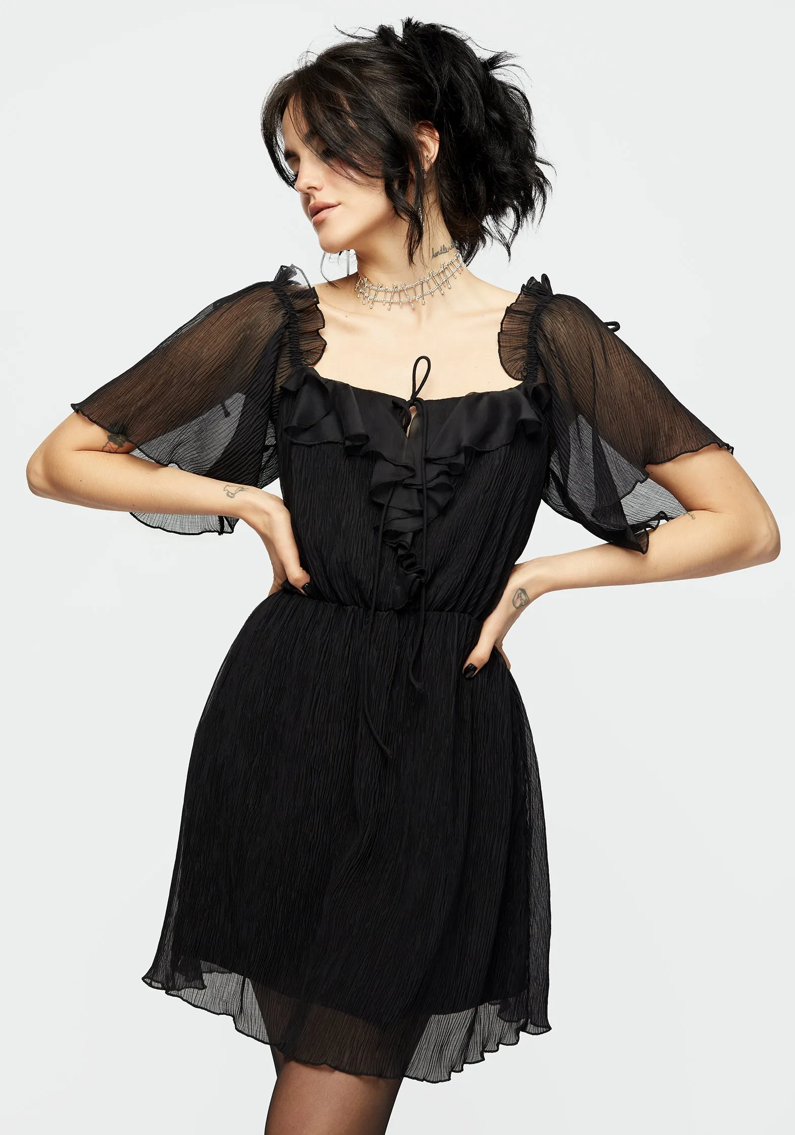 Lucien Textured Angel Sleeve Mini Dress sold by Disturbia