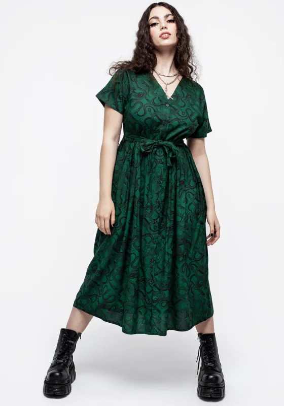 Ophidia Snake Print Button Up Midi Dress - Green sold by Disturbia