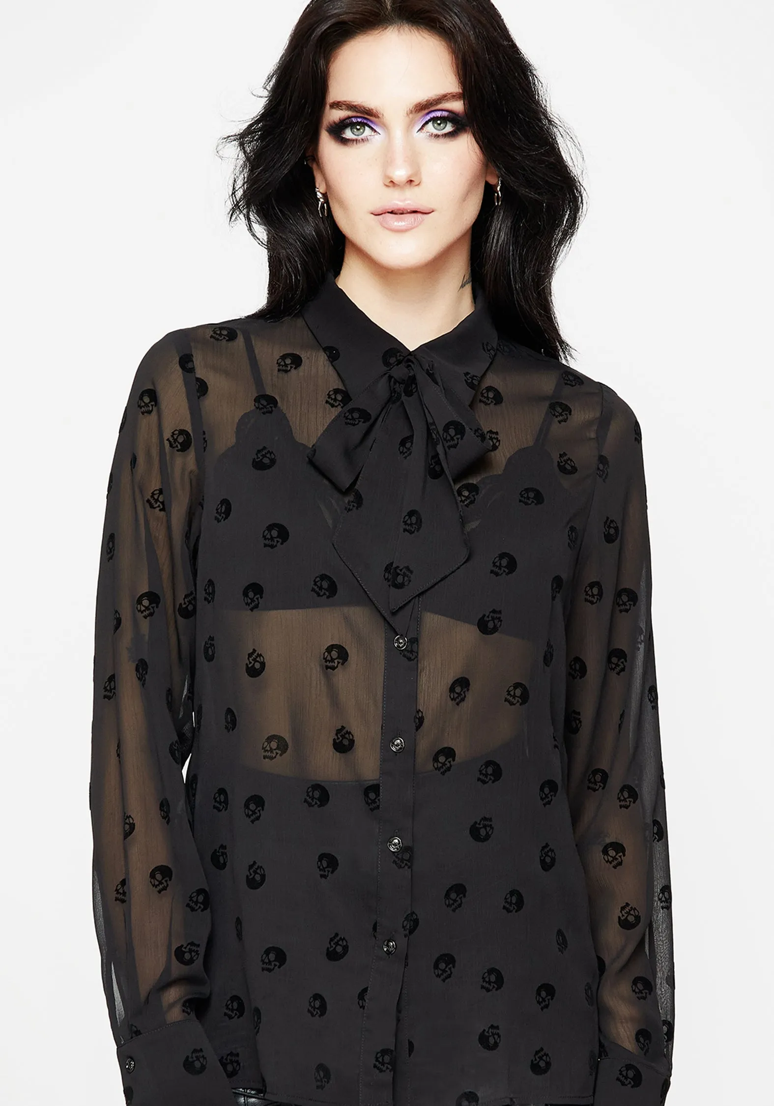 Bones Flocked Chiffon Button Up Blouse sold by Disturbia