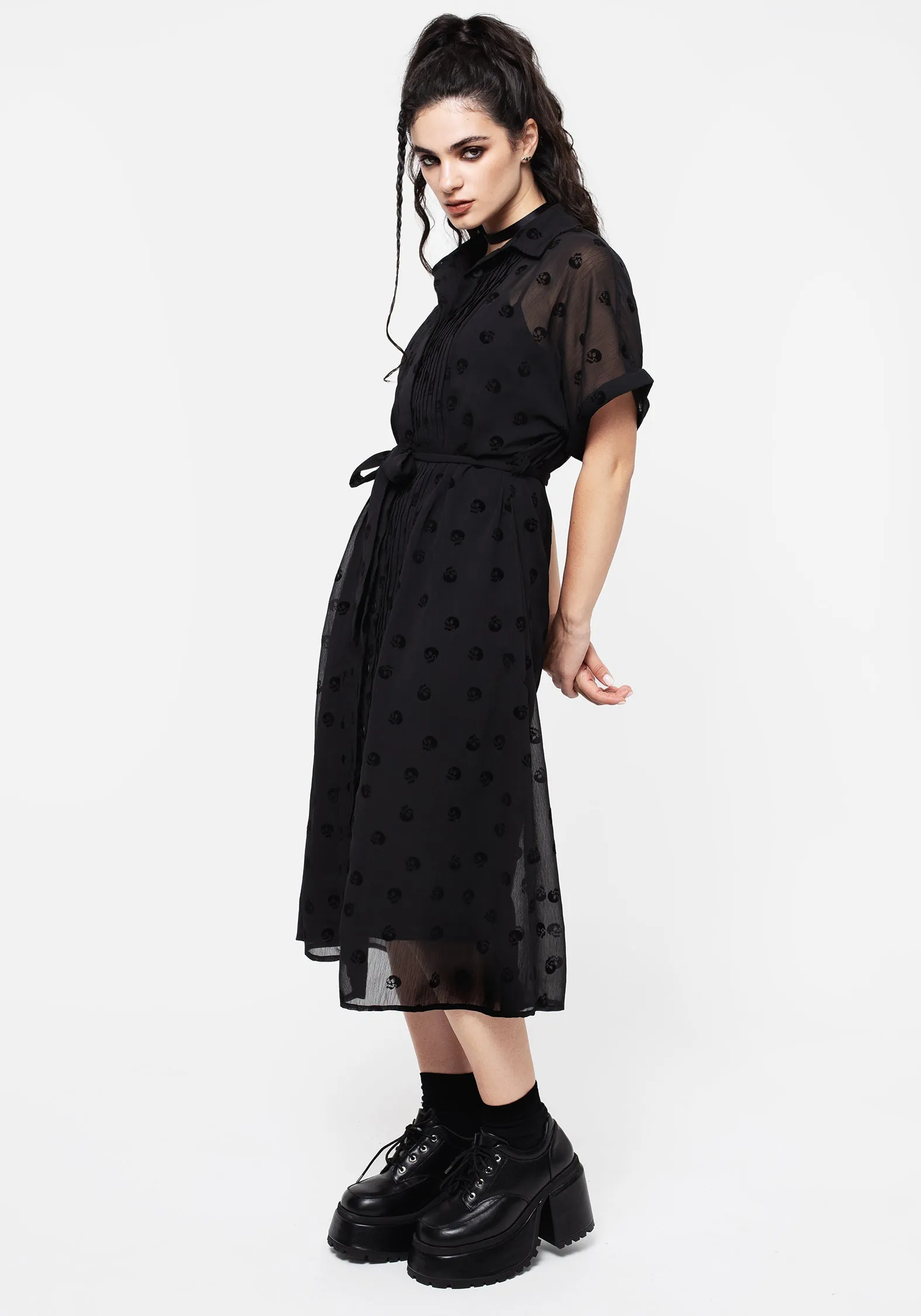 Bones Flocked Pintuck Chiffon Midi Shirt Dress sold by Disturbia product image thumbnail 4