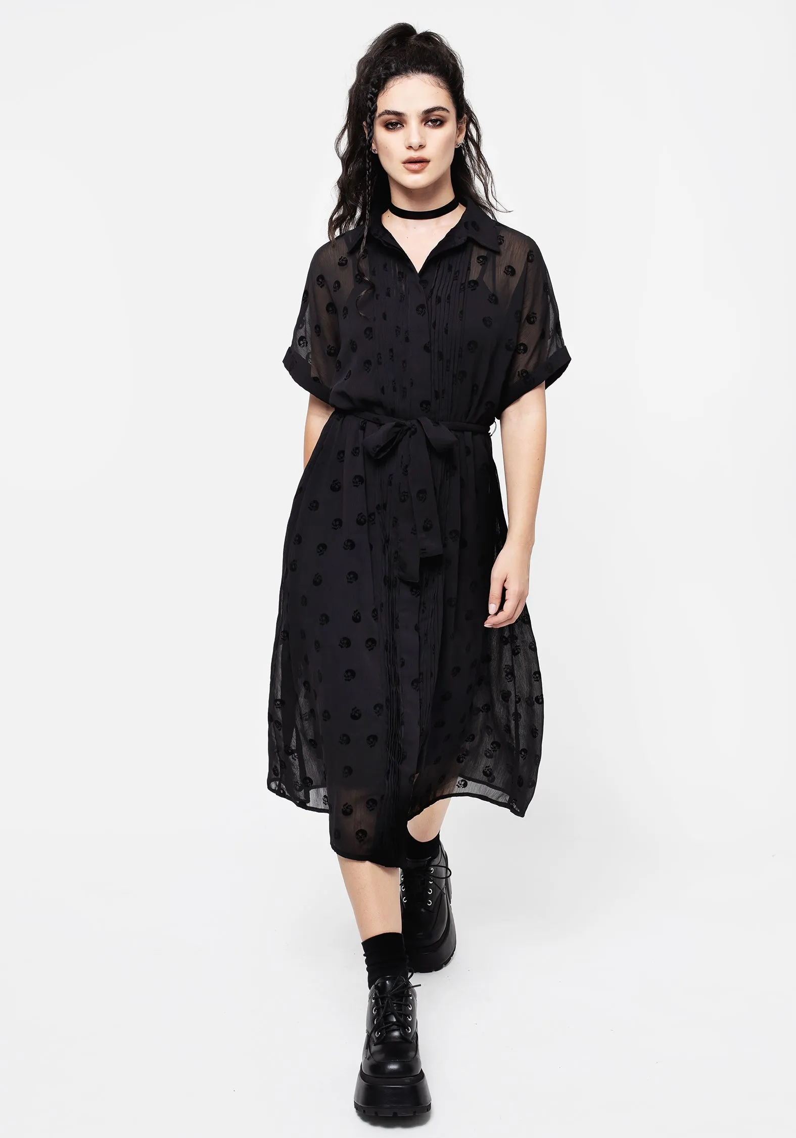 Bones Flocked Pintuck Chiffon Midi Shirt Dress sold by Disturbia product image thumbnail 5
