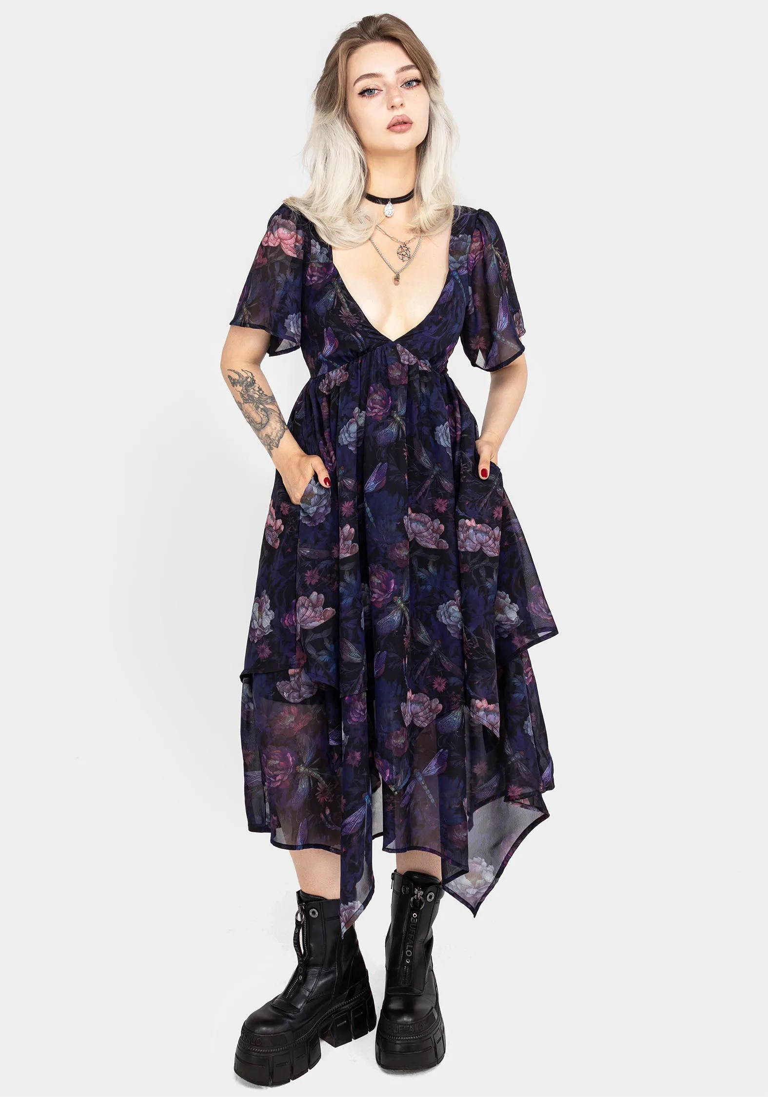 Dragonfly Floral Print Chiffon Handkerchief Hem Dress sold by Disturbia