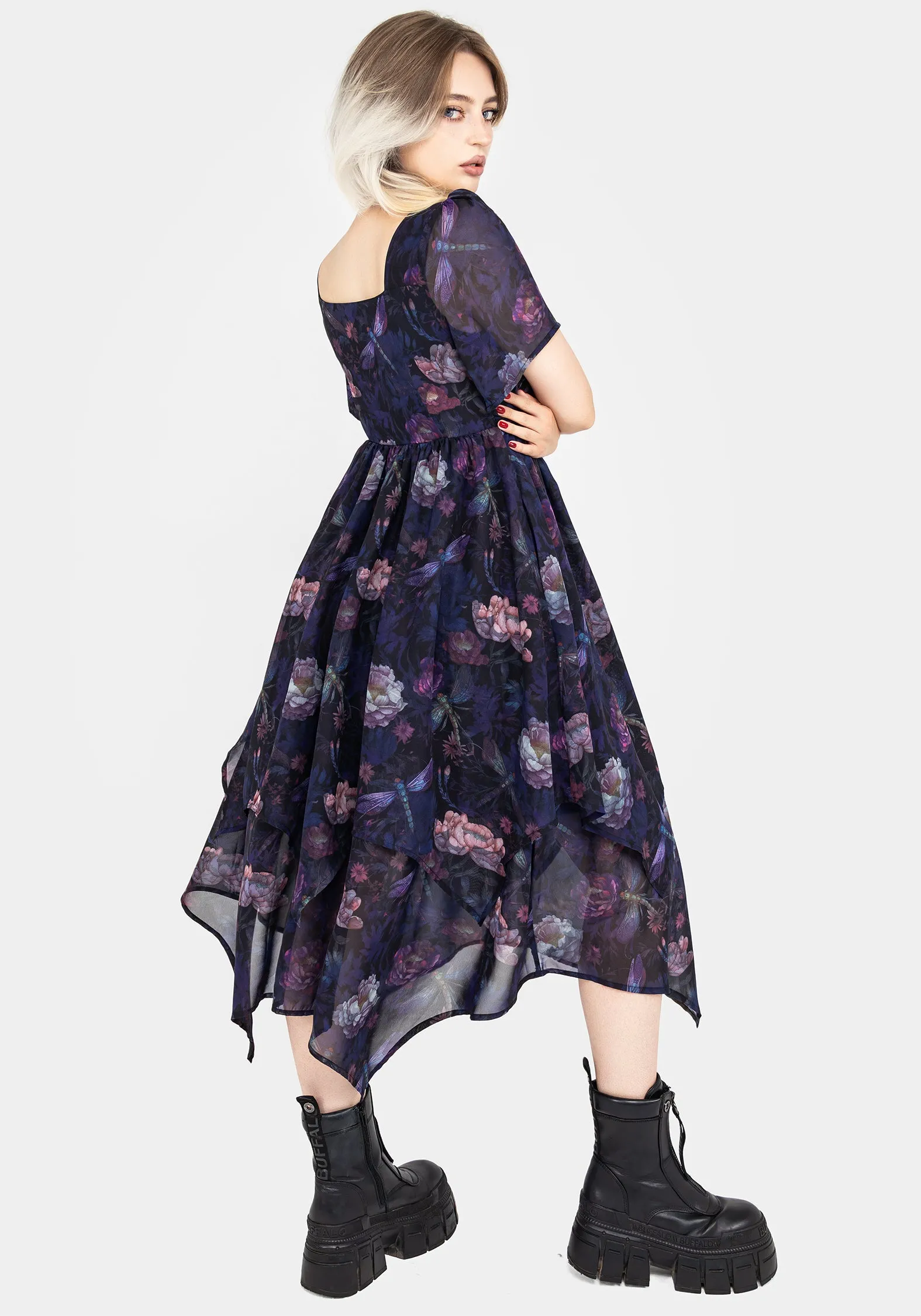 Dragonfly Floral Print Chiffon Handkerchief Hem Dress sold by Disturbia product image thumbnail 3