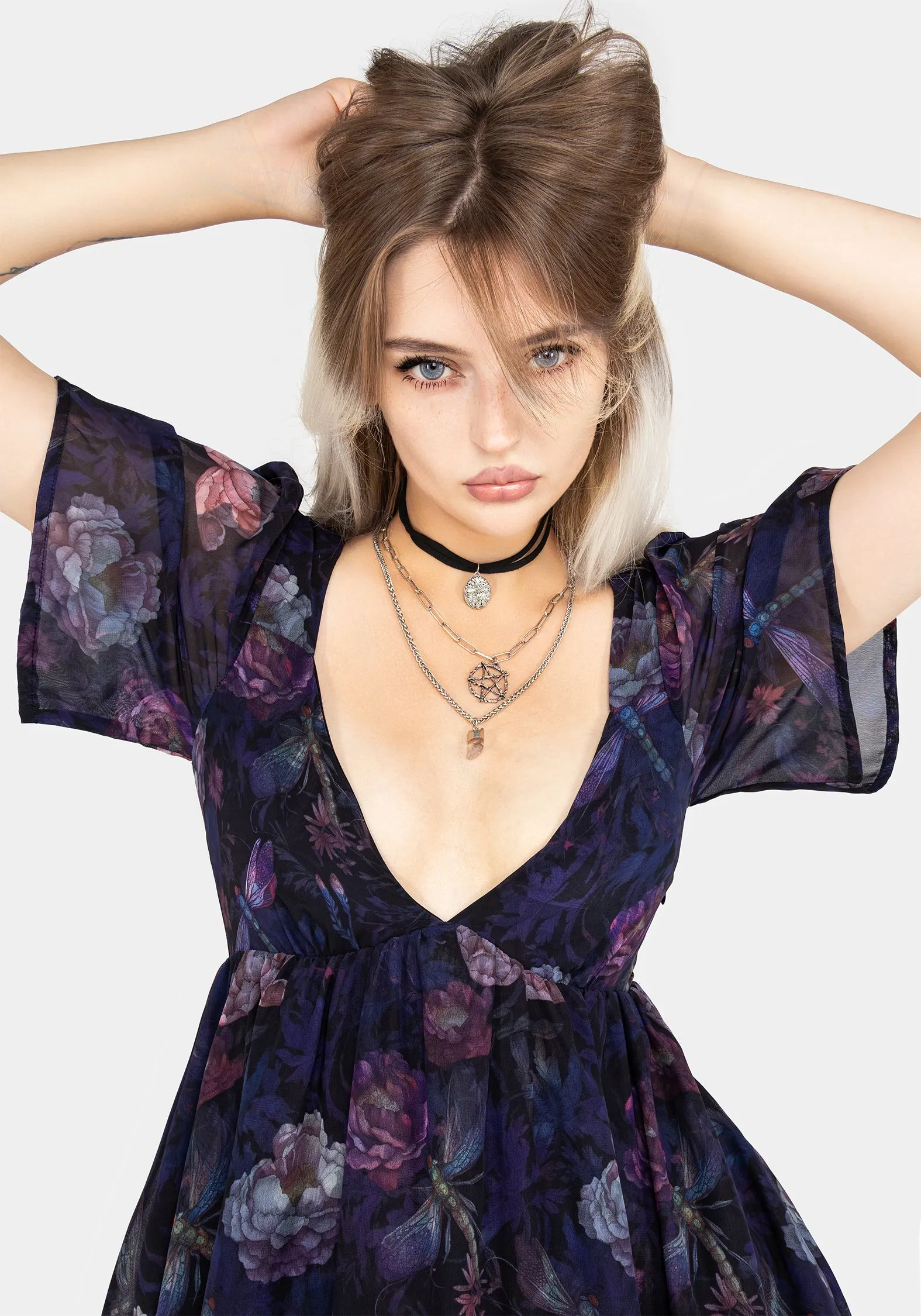 Dragonfly Floral Print Chiffon Handkerchief Hem Dress sold by Disturbia product image thumbnail 2