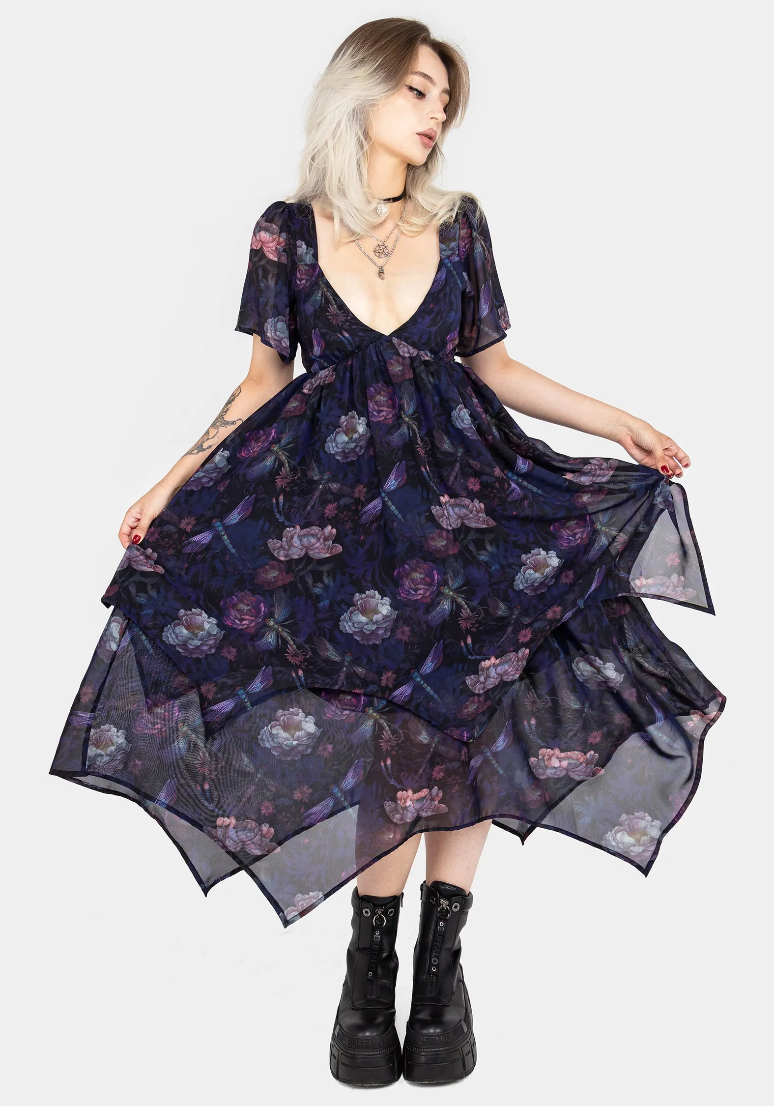 Dragonfly Floral Print Chiffon Handkerchief Hem Dress sold by Disturbia product image thumbnail 5